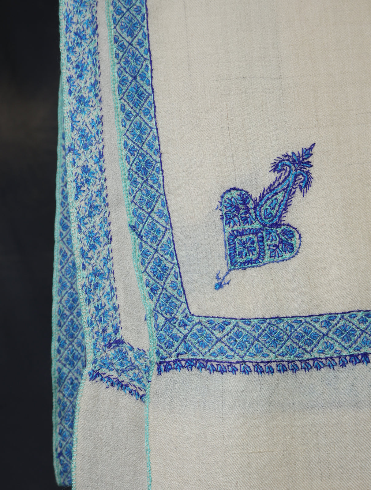 Ivory Base With Blue Border Embroidery Cashmere Pashmina Shawl