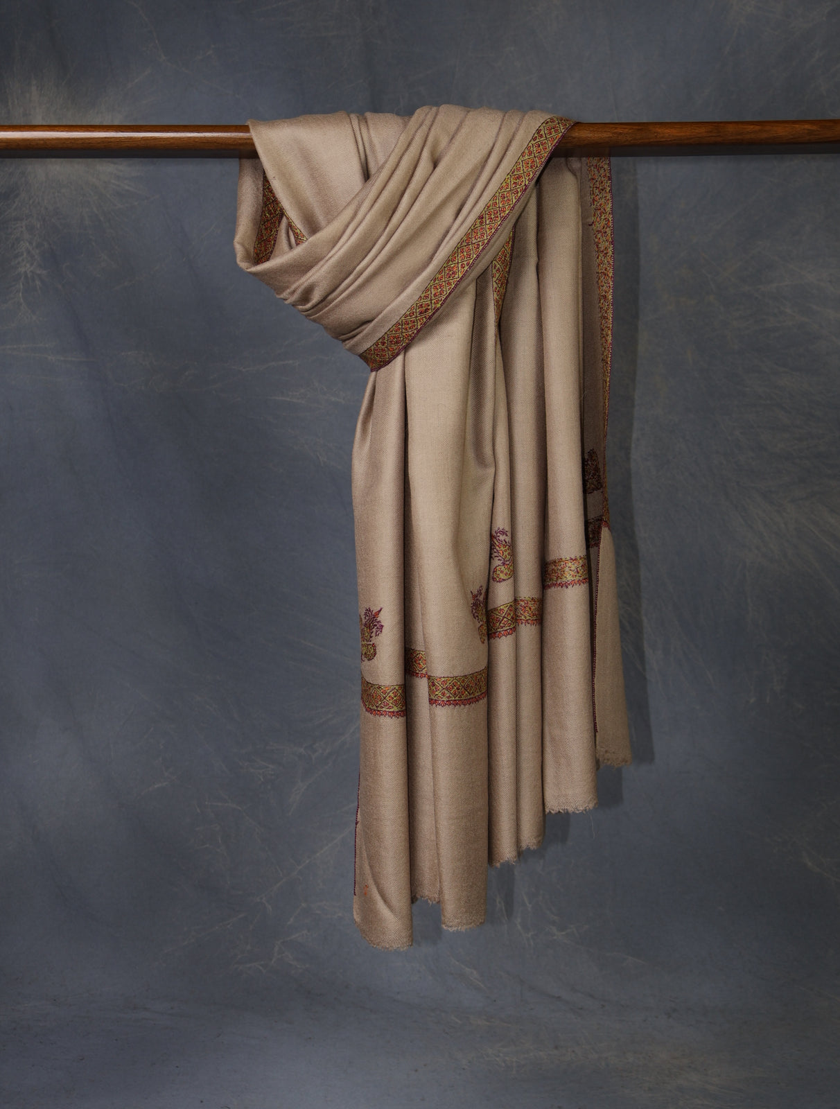 Beige Base Border Embroidery Cashmere Pashmina Shawl