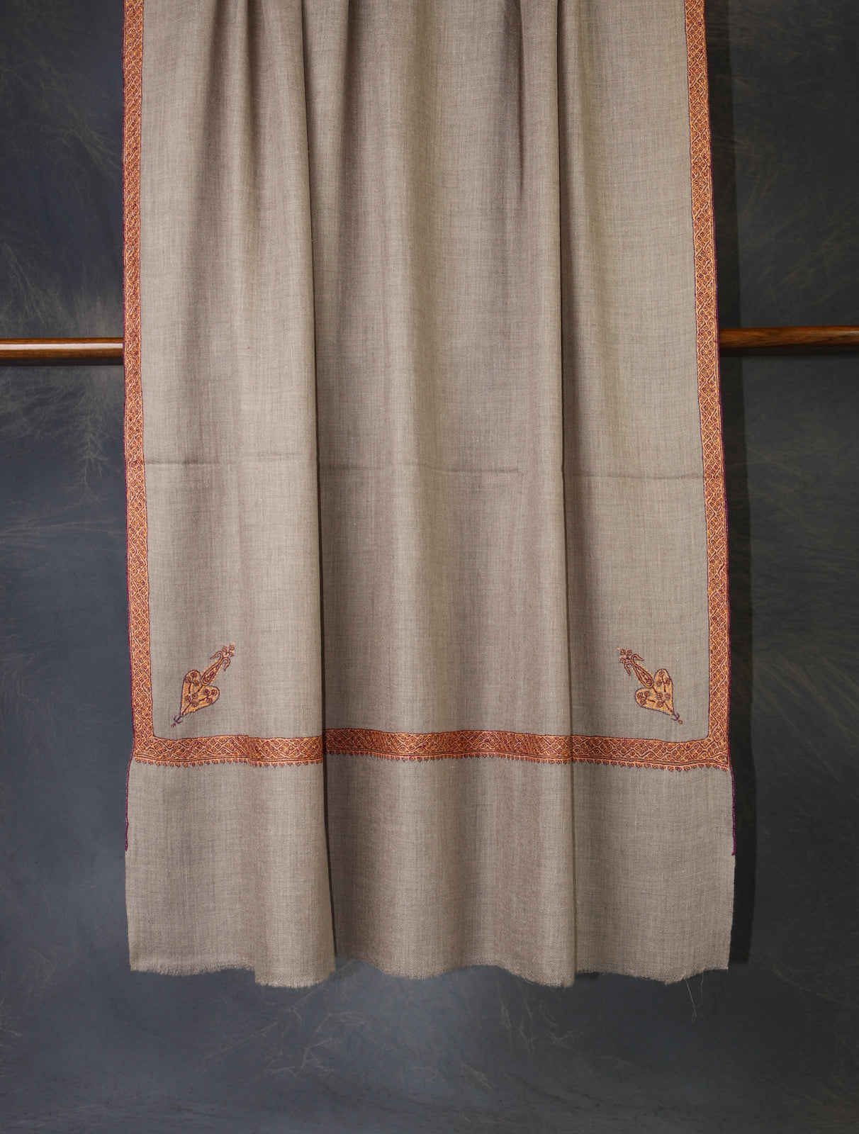 Natural Base Orange Border Embroidery Cashmere Pashmina Shawl