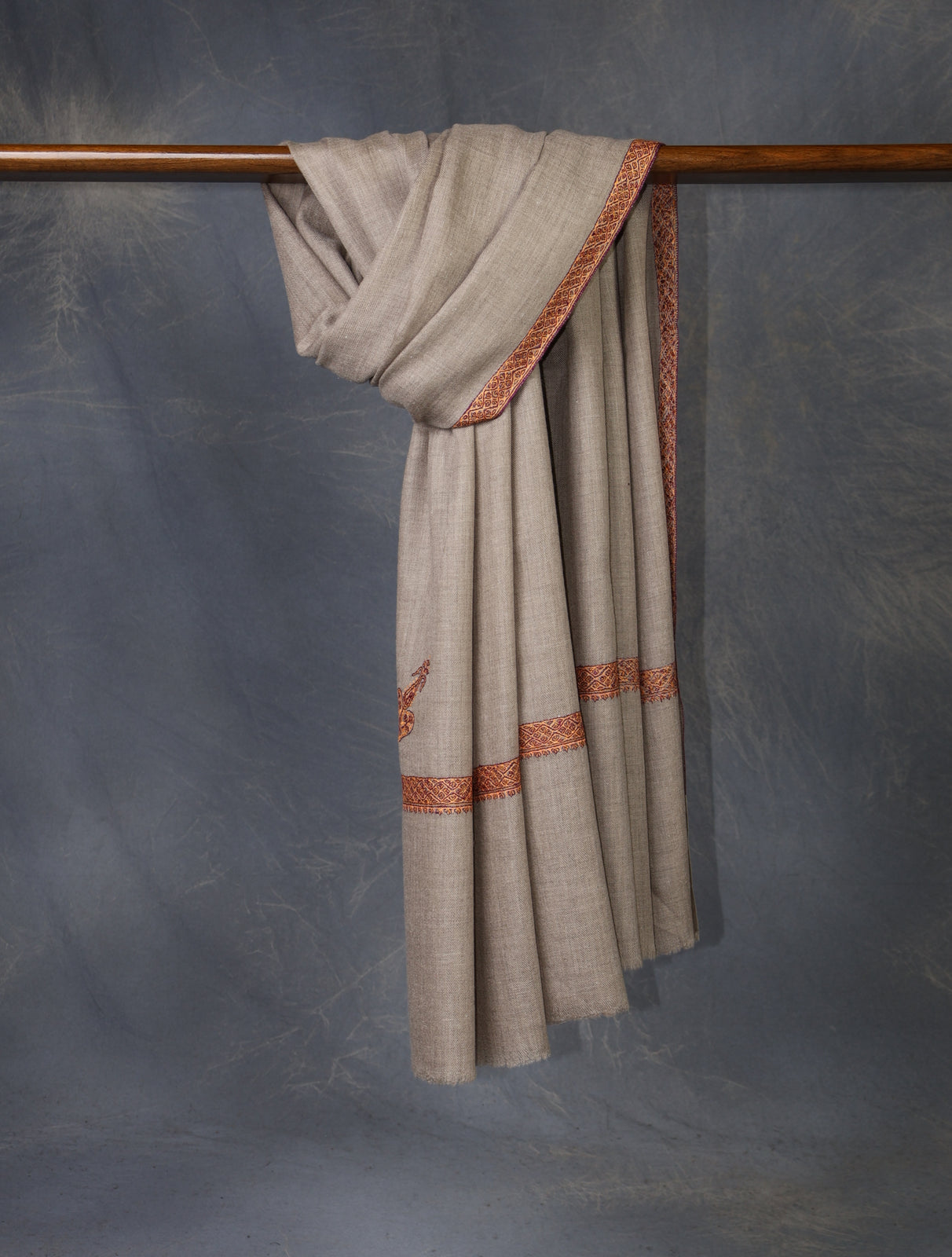 Natural Base Orange Border Embroidery Cashmere Pashmina Shawl