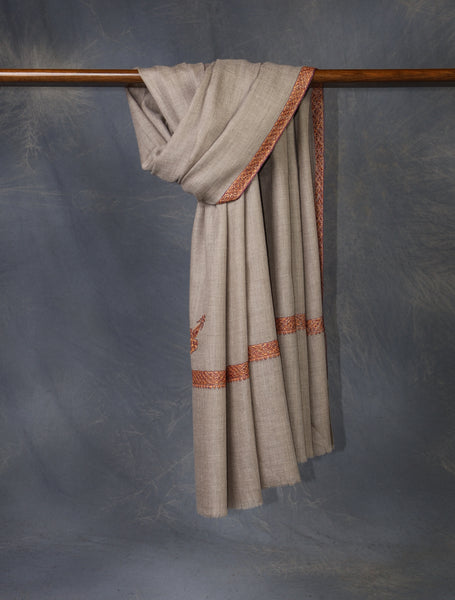 Natural Base Orange Border Embroidery Cashmere Pashmina Shawl