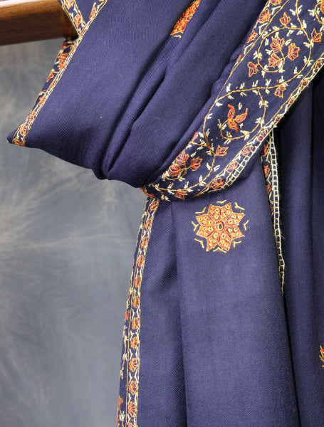 Blue Base With Orange Buteh Motif Merino wool Embroidery Shawl