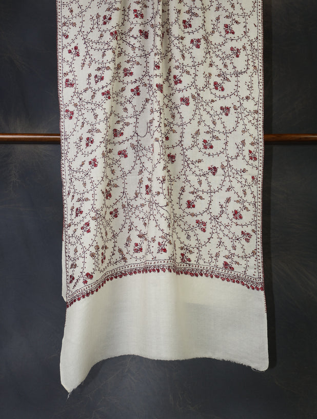 Ivory Base Jali Sozni Embroidery Merino Wool Scarf