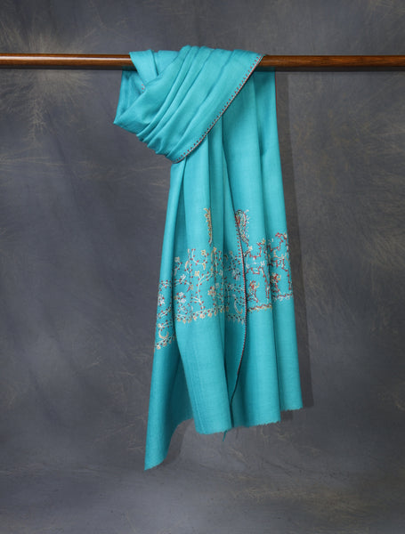 Blue Big Border Sozni Embroidery Merino Wool Scarf