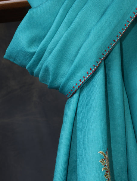 Blue Big Border Sozni Embroidery Merino Wool Scarf