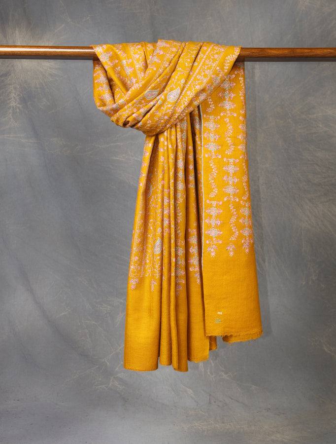 Mustard jali Embroidery Cashmere Pashmina Shawl