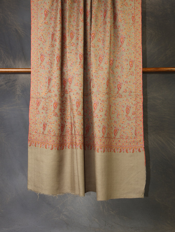 Beige Color Jali Embroidery Cashmere Pashmina Shawl