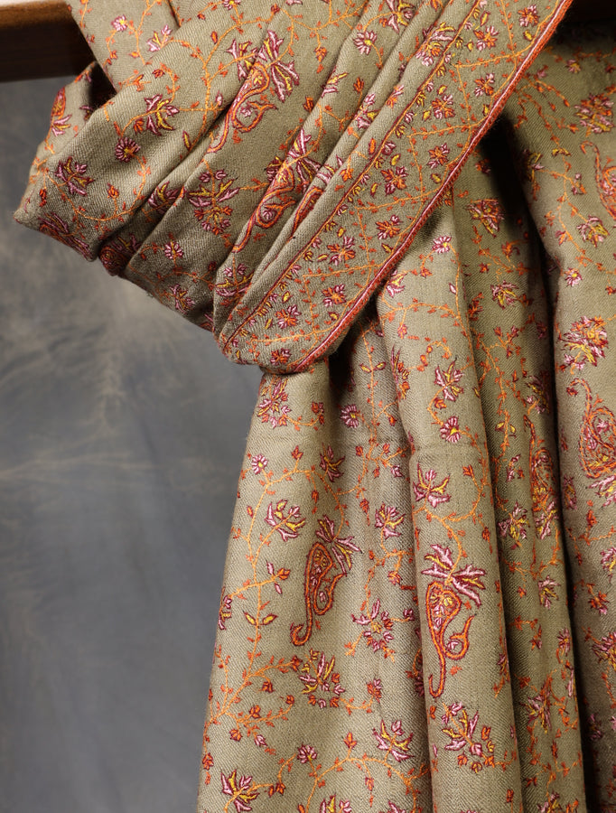Beige Color Jali Embroidery Cashmere Pashmina Shawl