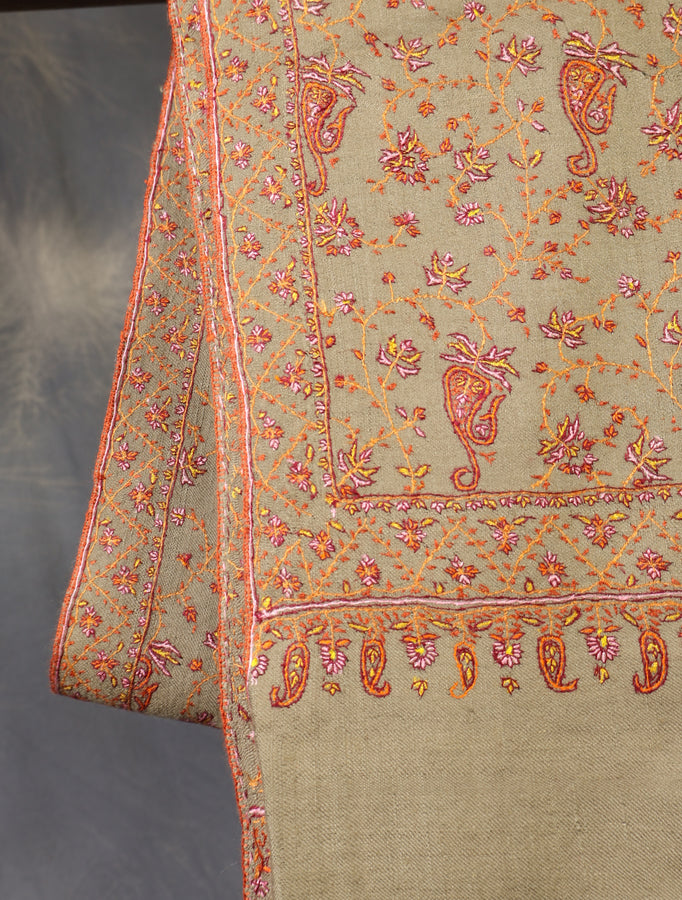 Beige Color Jali Embroidery Cashmere Pashmina Shawl