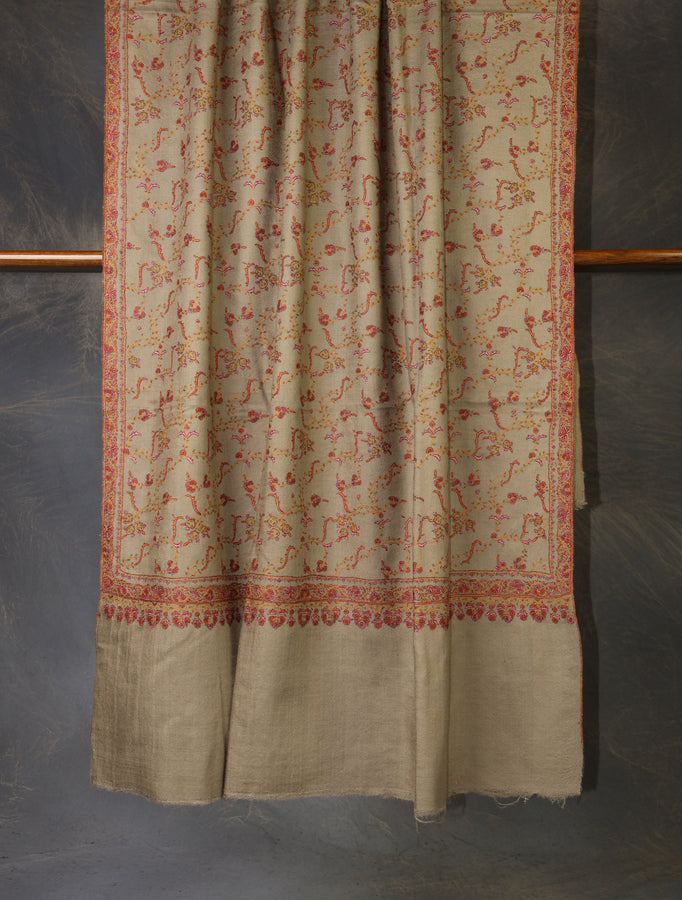 Beige Jali Embroidery Cashmere Pashmina Shawl