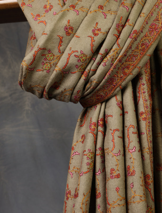 Beige Jali Embroidery Cashmere Pashmina Shawl