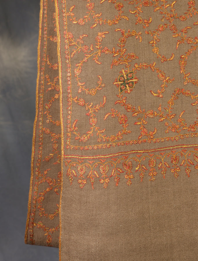 Brown Color Jali Embroidery Cashmere Pashmina Shawl