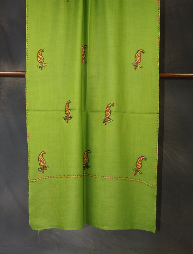 Green Base Buteh Merino Sozni Hand Embroidery Scarf