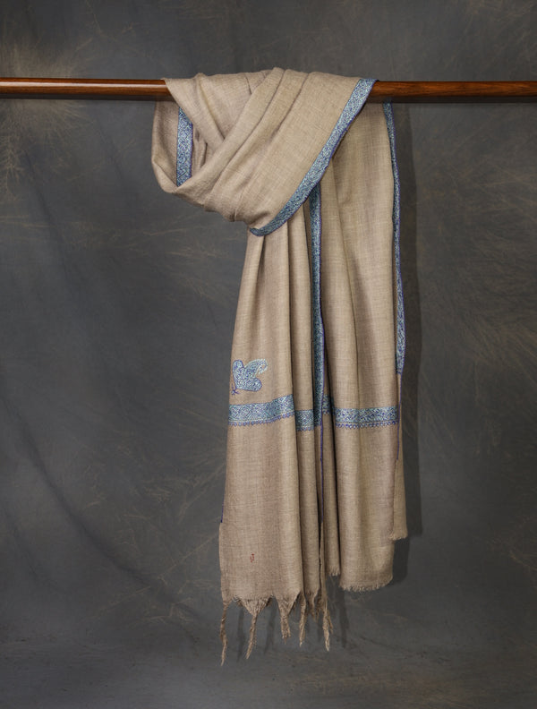 Natural colour with Blue Small Border Embroidery Cashmere Pashmina Shawl