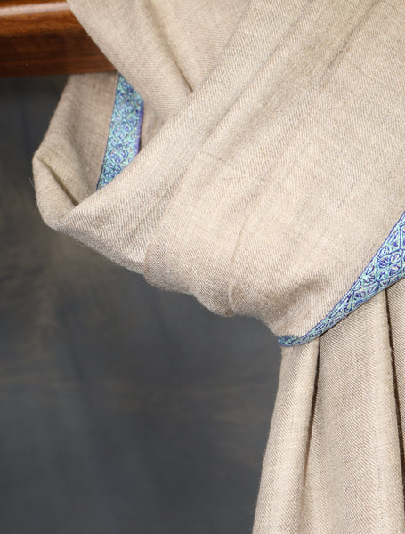 Natural colour with Blue Small Border Embroidery Cashmere Pashmina Shawl