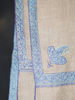 Natural colour with Blue Small Border Embroidery Cashmere Pashmina Shawl