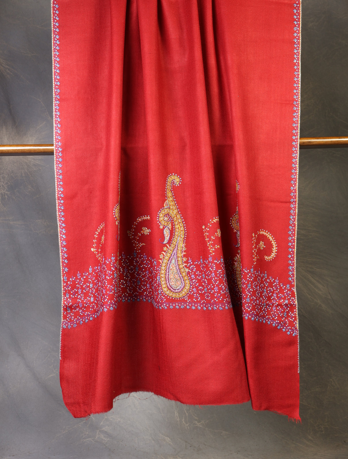 Maroon Base Big Border Embroidery Merino Shawl