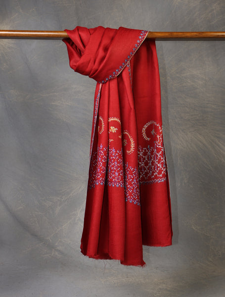 Maroon Base Big Border Embroidery Merino Shawl