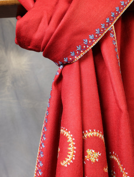 Maroon Base Big Border Embroidery Merino Shawl