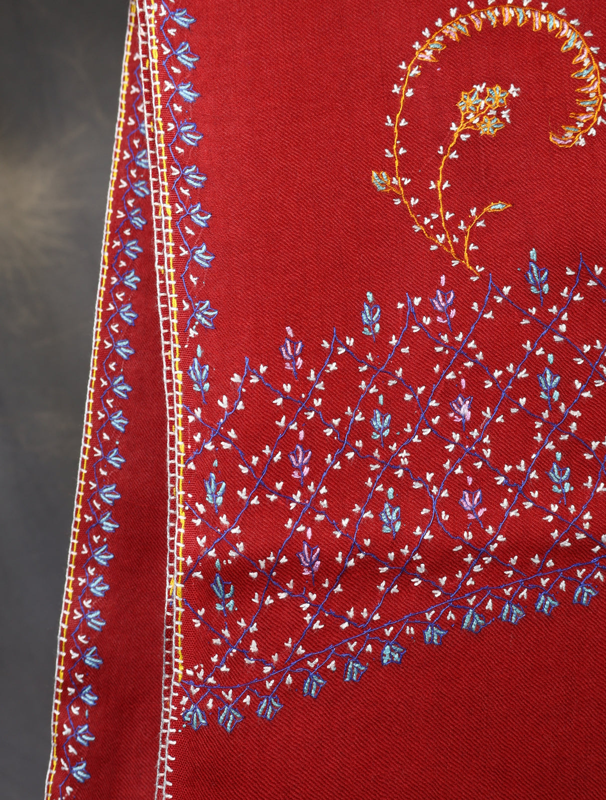 Maroon Base Big Border Embroidery Merino Shawl