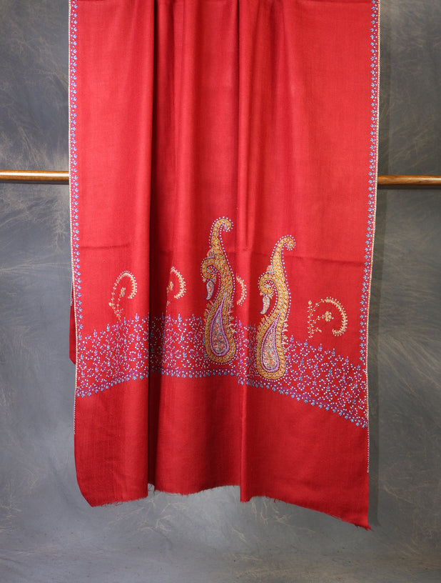 Red Base With Big Border Embroidery Merino Shawl