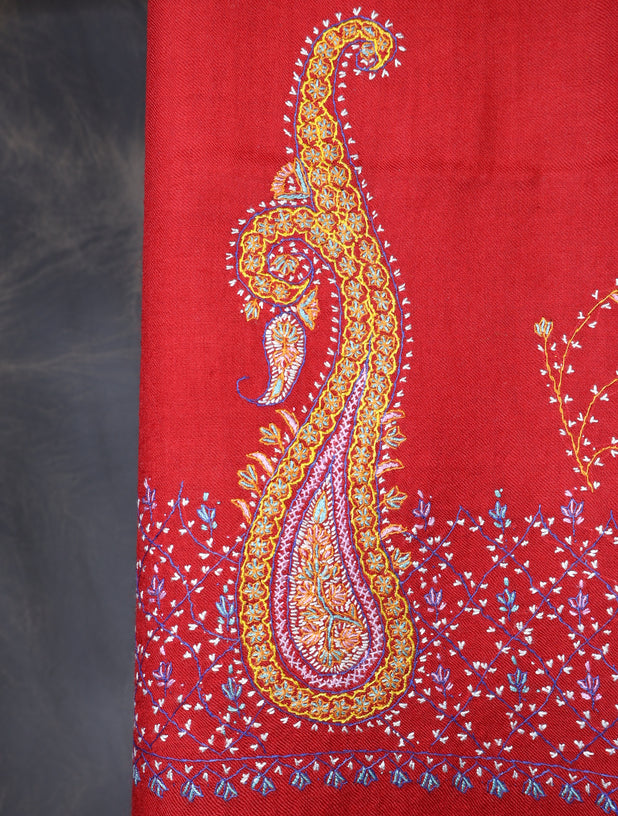Red Base With Big Border Embroidery Merino Shawl