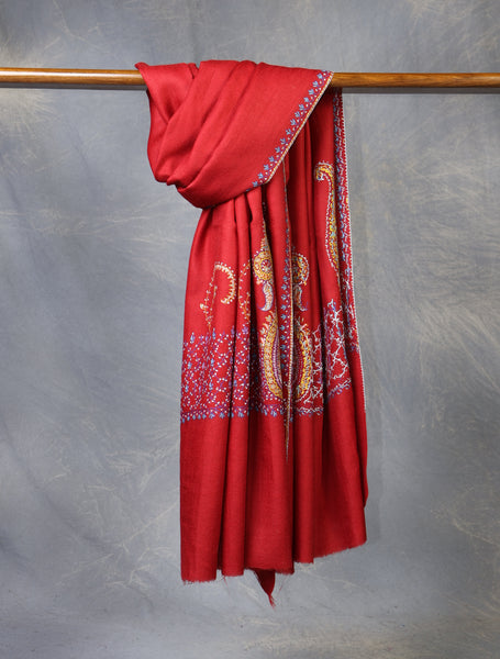 Red Base With Big Border Embroidery Merino Shawl