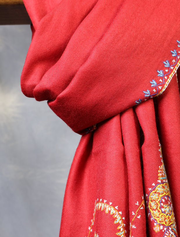 Red Base With Big Border Embroidery Merino Shawl