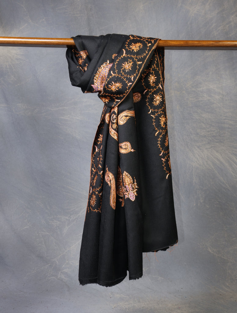 Black Base With Golden Tone Paisley And Border Embroidery Merino Shawl