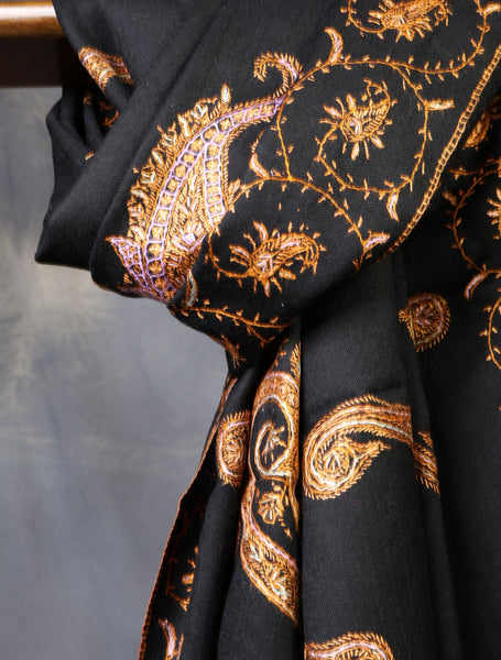 Black Base With Golden Tone Paisley And Border Embroidery Merino Shawl
