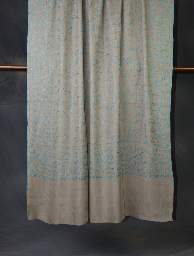 Natural Base Blue Jali Sozni Merino Embroidery Shawl