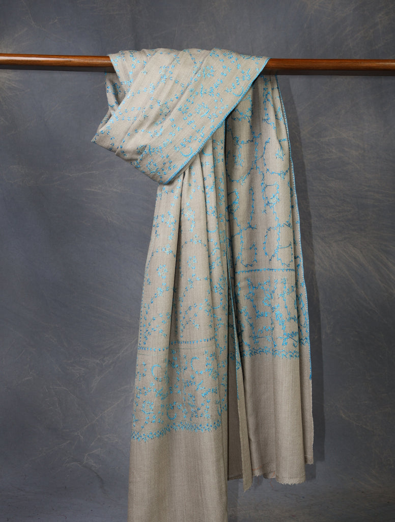Natural Base Blue Jali Sozni Merino Embroidery Shawl