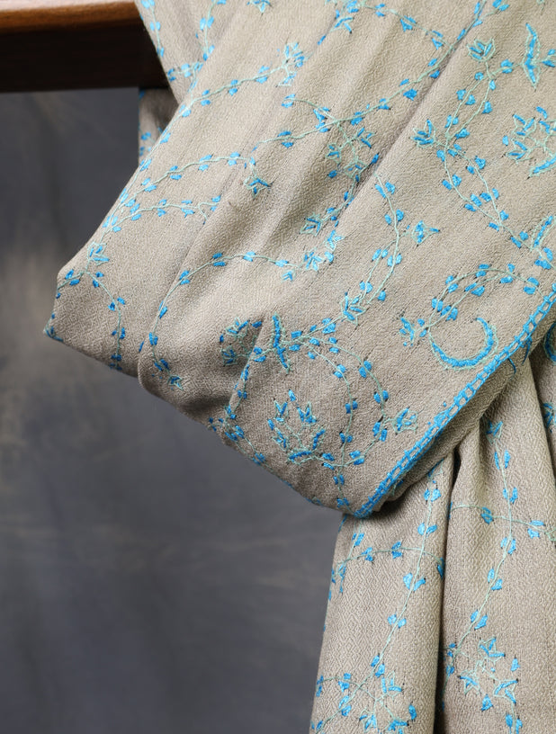 Natural Base Blue Jali Sozni Merino Embroidery Shawl