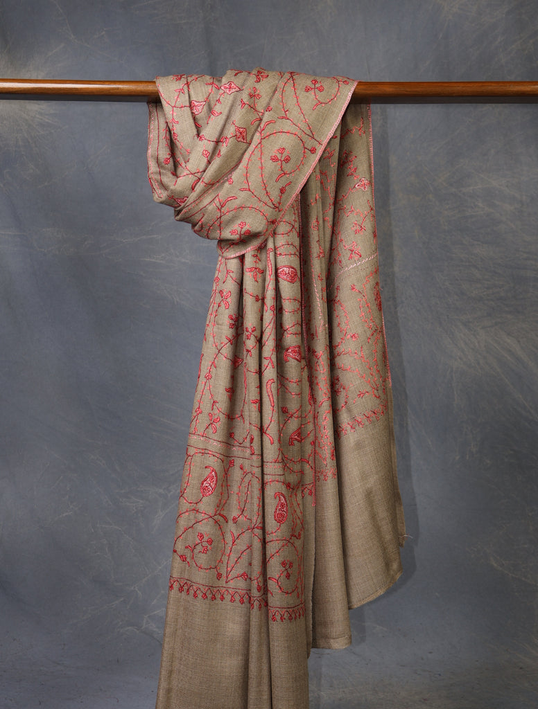 Beige Base Red Jali Sozni Merino Embroidery Shawl