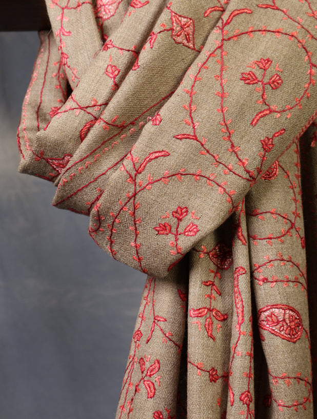 Beige Base Red Jali Sozni Merino Embroidery Shawl