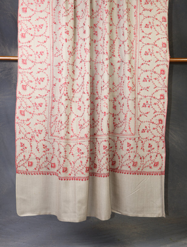 Natural Base Red Jali Sozni Merino Embroidery Shawl