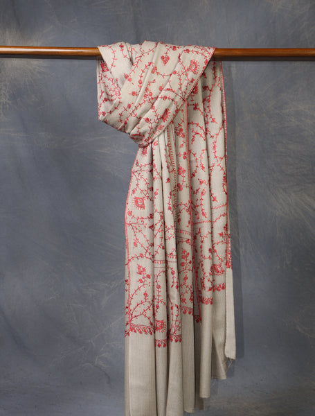 Natural Base Red Jali Sozni Merino Embroidery Shawl