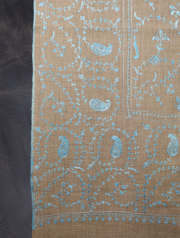 Natural Base Blue Jali Sozni Merino Embroidery Shawl