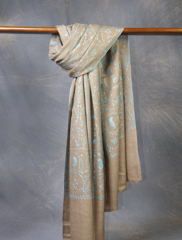 Natural Base Blue Jali Sozni Merino Embroidery Shawl