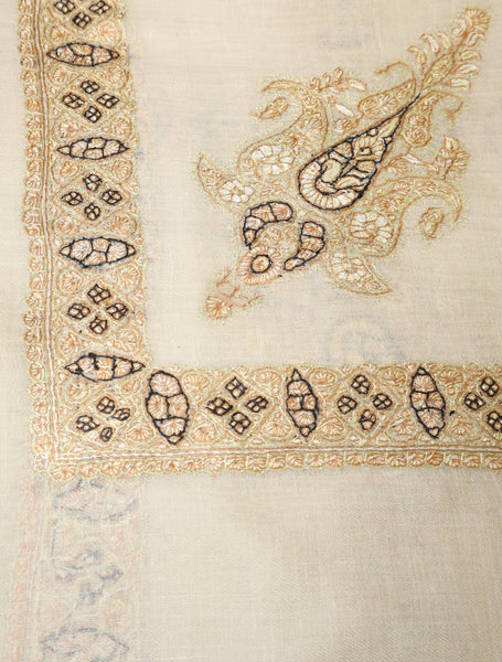 Ivory Base Pashmina Mussar With Golden Tone