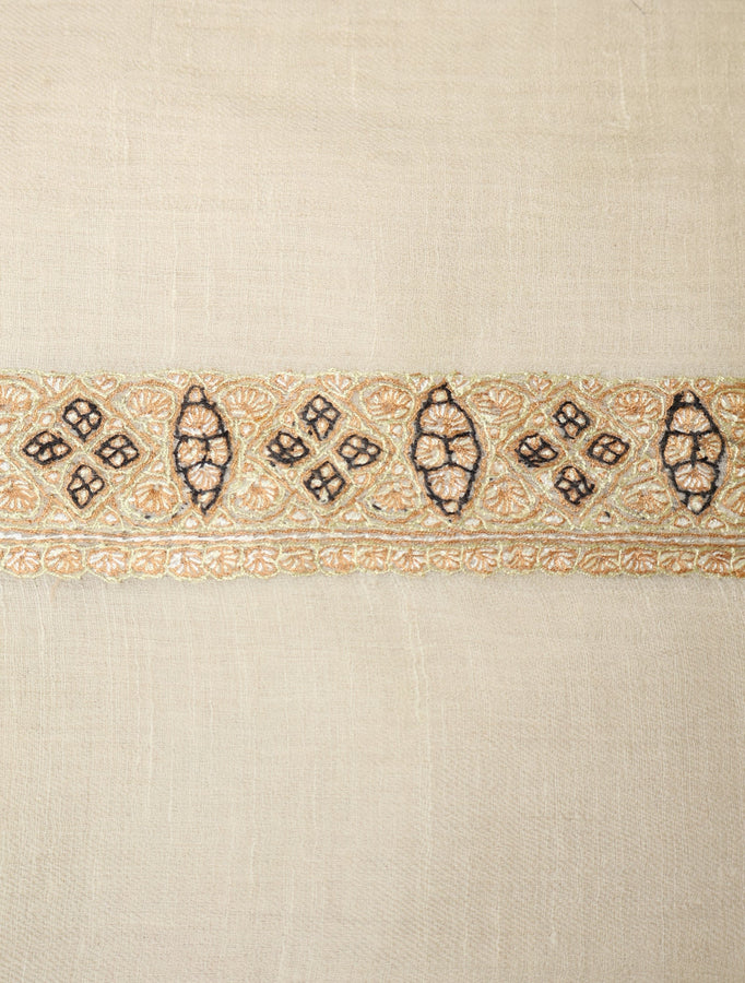 Ivory Base Pashmina Mussar With Golden Tone