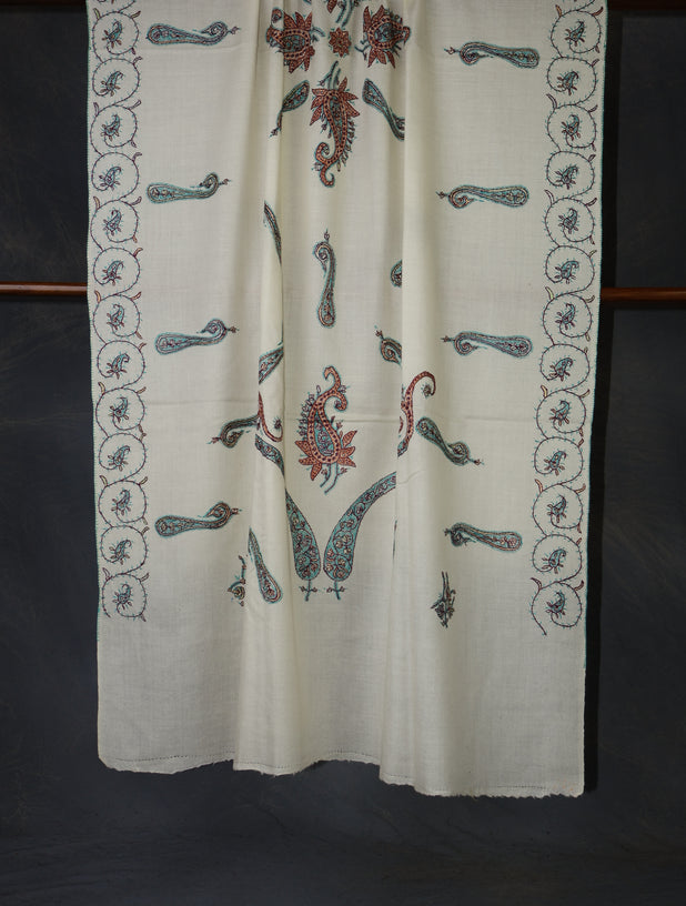 Ivory Base With Green Tone Paisley Embroidery Merino Shawl