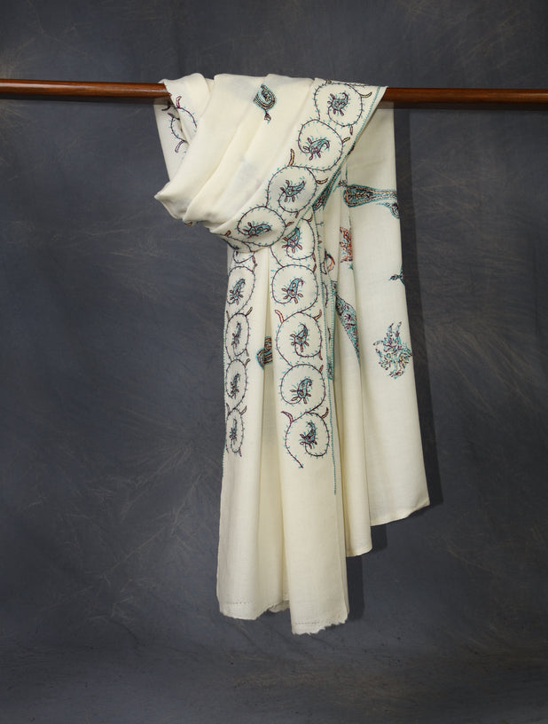 Ivory Base With Green Tone Paisley Embroidery Merino Shawl