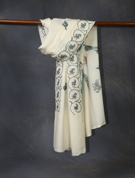 Ivory Base With Green Tone Paisley Embroidery Merino Shawl
