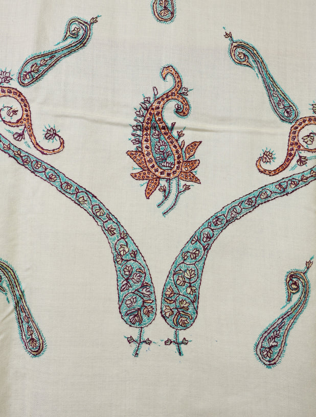 Ivory Base With Green Tone Paisley Embroidery Merino Shawl