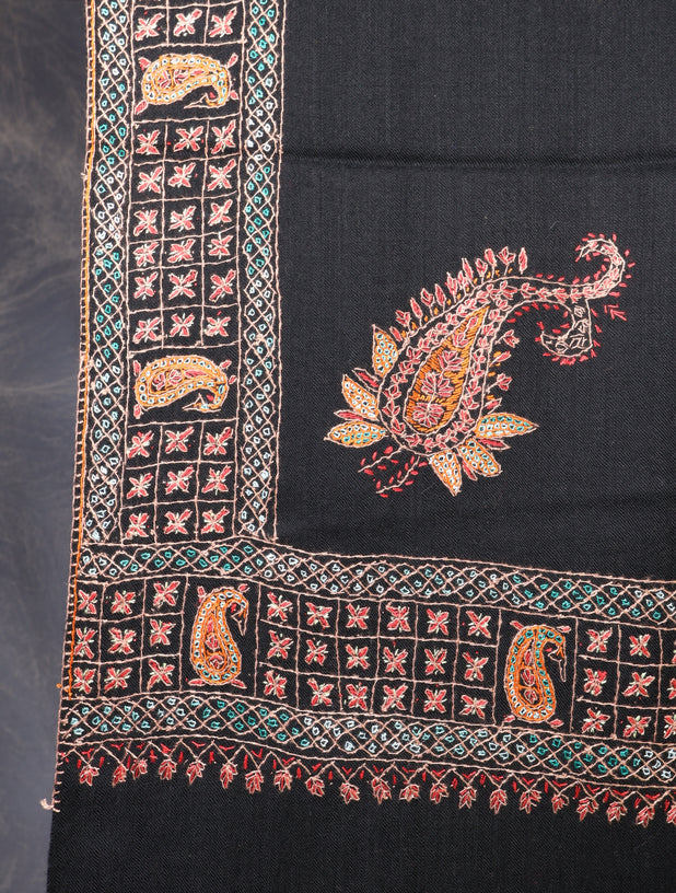 Black Base With Big Border Embroidery Merino wool Shawl