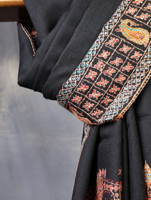 Black Base With Big Border Embroidery Merino wool Shawl