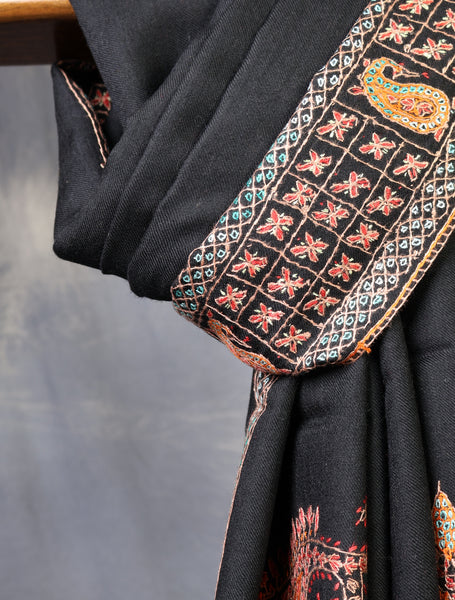 Black Base With Big Border Embroidery Merino wool Shawl