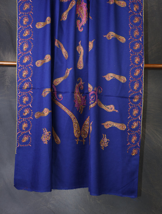 Blue Base With Big Border Embroidery Merino wool Shawl