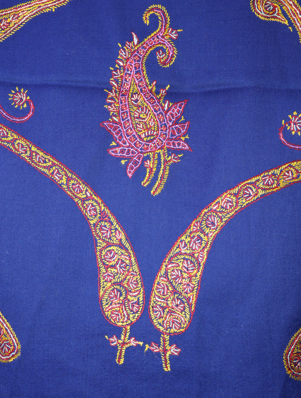 Blue Base With Big Border Embroidery Merino wool Shawl